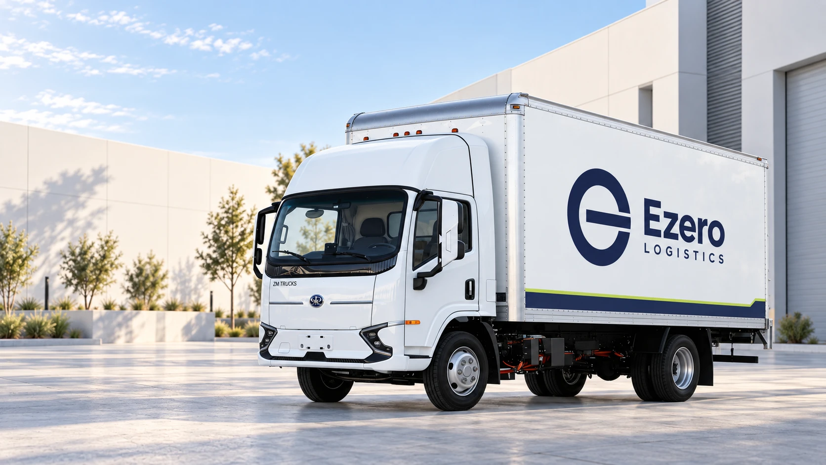Concept of a white Ezero electric box truck outside a modern warehouse