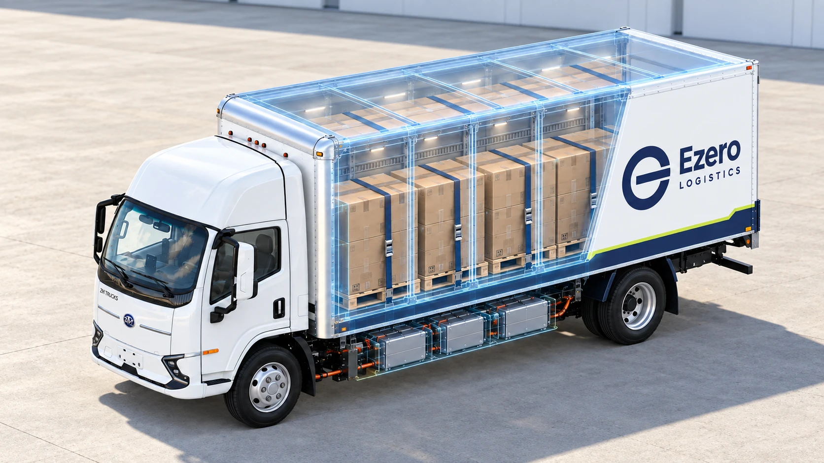 Single Ezero electric truck with a translucent cargo body, palletized goods and visible battery modules