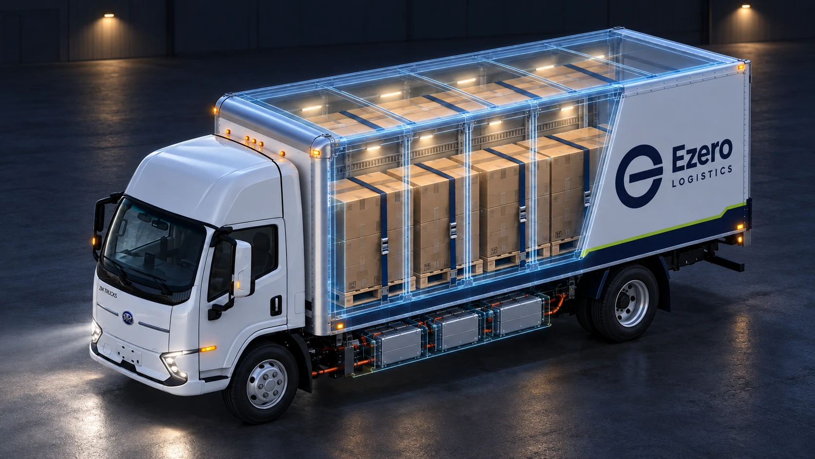 Single Ezero electric truck with a translucent cargo body, palletized goods and visible battery modules